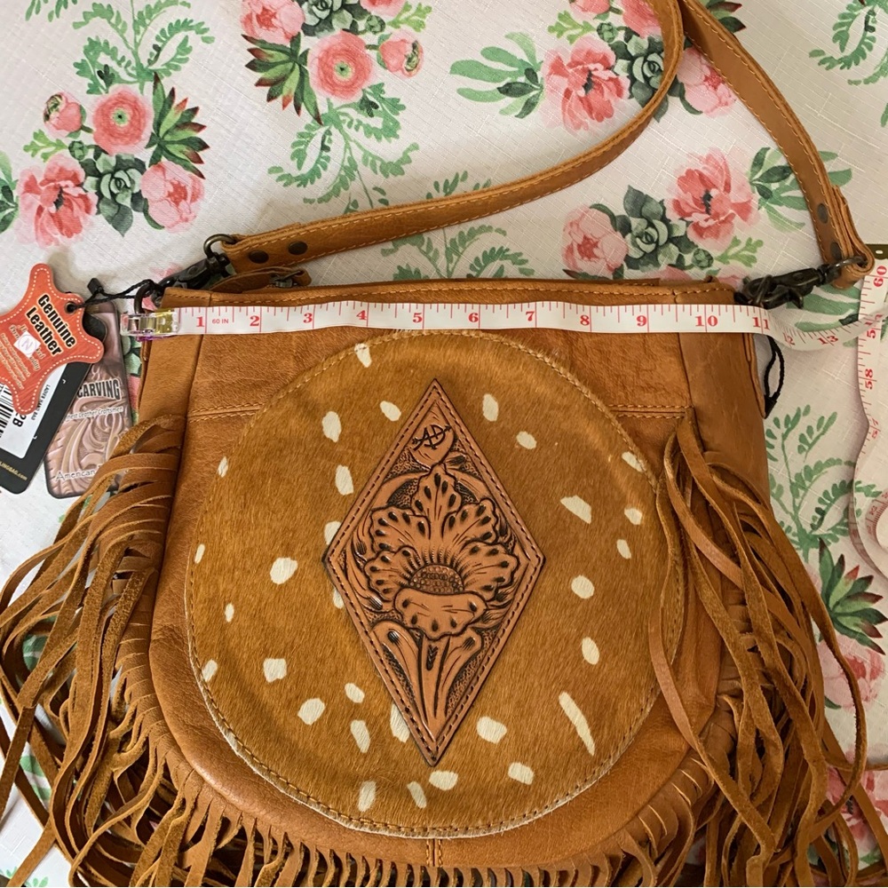 🌟Price Drop🌟❤️American Darling Tan Leather & Tooling Fringed Shoulder Bag - Picture 7 of 14
